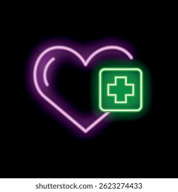 Neon heart with a green medical cross glowing on a black background