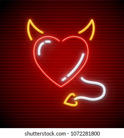 Neon Heart with horns and tail like devil. Love symbol icon made of red neon lamps with illumination. EPS10 vector illustration.