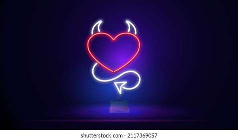 A neon heart with horns and a tail like a devil. The icon of the symbol of love, made of red neon lamps with backlight. Vector illustration