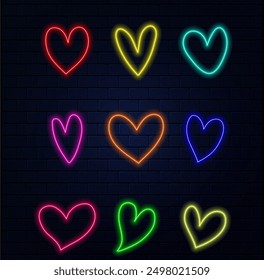 Neon heart icon. Glowing neon heart sign with cupid arrow, amour shape in vivid colors. Romantic silhouette, love target, passion. Icon set, sign, symbol for UI. Vector illustration.eps