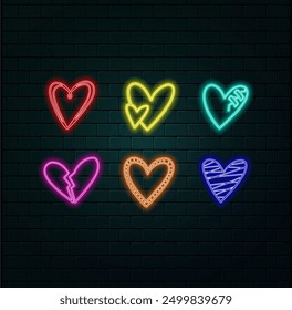 Neon heart icon. Glowing neon heart sign with cupid arrow, amour shape in vivid colors. Romantic silhouette, love target, passion. Icon set, sign, symbol for UI. Vector illustration