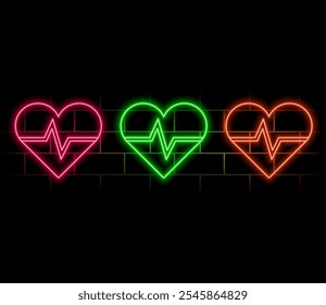 Neon heart icon. Shiny heart icon on brick wall. Love sign. Valentine's Day. Girlfriend. Boyfriend..