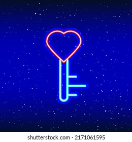 Neon heart key. Backlit planet neon sign. Retro red neon heart sign. Romantic design for Happy Valentine's Day. Night light advertisement. Vector industry.