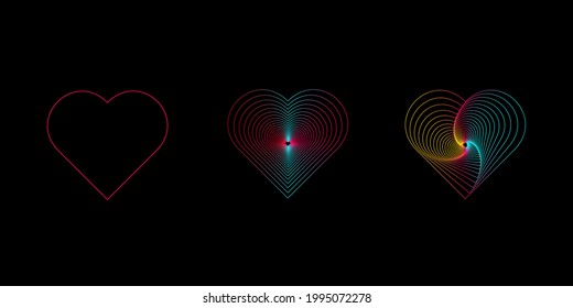 Neon heart. Linear Abstract geometric shapes of neon colors on black background. Glowing icon on dark background. Line art geometric neon. Vector illustration