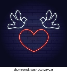 Neon heart with love doves Valentine's Day