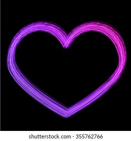 Neon heart made of thin lightning curved tube lamps with glowing effects on black night background, Valentine's day card or disco club laser show poster invitation template, vector illustration