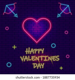 Neon heart on a brick wall with decorative elements. Valentine's Day greeting card.