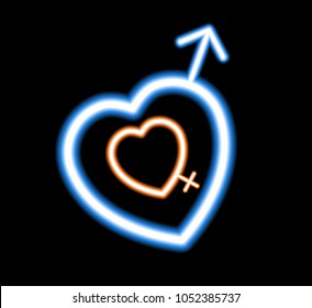 Neon heart on a dark background. Marks the beginning of men and women. The design element of postcards, banners, Valentine's day. Vector illustration.