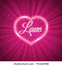 Neon heart on pink abstract glowing background. Retro Valentine's Day greeting card. Easy to edit design template for your artworks. Vector illustration.