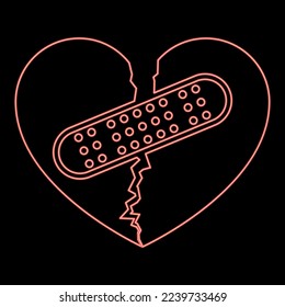 Neon heart with patch connecting two halves icon black color vector illustration flat style simple image red color vector illustration image flat style light