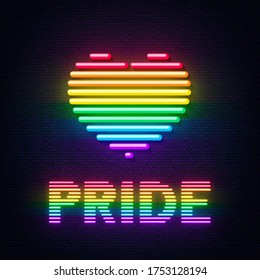 Neon heart and pride inscription painted in the colors of the LGBT community on a dark background. Glowing rainbow sign of love.