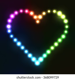 Neon heart in rainbow colors made from circle bulbs