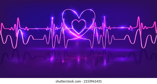 Neon heart rate. Two hearts, one in the other. Сardio waves