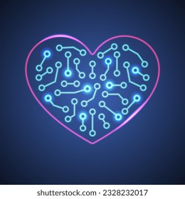 Neon heart of robot or artificial intelligence.