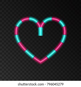 Neon  heart  in shape of lollipop. Love.  Light effect for Happy Valentine's Day banner, greeting card. Laser glow sign on transparent background. Vector design element.