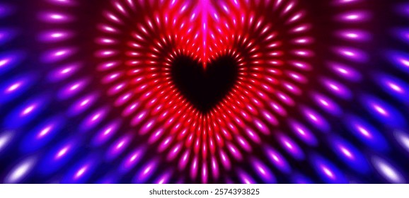 Neon heart shaped pattern with radiating bright spots of gradient color from red, pink to blue edges. Glowing rays on dark backdrop. Dynamic love or Valentine day themed presentation background.