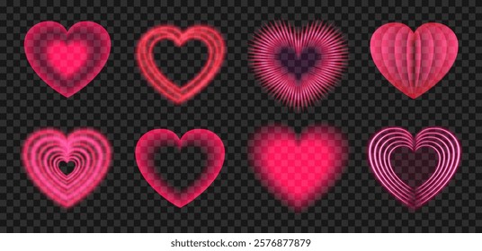 Neon heart shapes with different glowing effects, Valentine's day decorations on transparent background