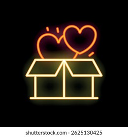 Neon heart sign coming out of a cardboard box on a black background, perfect for valentine's day projects