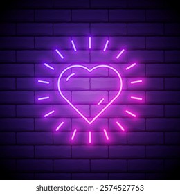 Neon heart sign. Vector glowing valentine day holiday decoration love symbol. Electric bulb vintage retro banner, poster template design. Night intimate service logo illustration on brick background