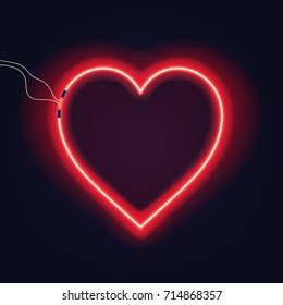 Neon heart sign with wires on dark background. Bright neon glow effect. Vector