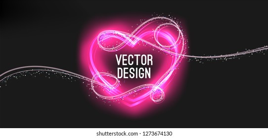 Neon heart with sparkling particles and lines vector illustration on dark background. Design element for Happy Valentine's Day. Banner, cover, advertisement design. Copy text space.