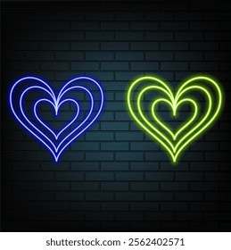 Neon heart suit icon. Glowing neon hearts sign, outline card suit symbol and silhouette in vivid colors. Poker playroom, card game and trick, poker tournament. Vector icon set, sign, pictogram for UI.