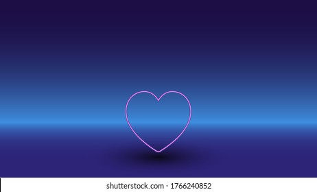 Símbolo de corazón neón sobre fondo azul gradiente. El símbolo aislado está situado en el centro inferior. Azul degradado con horizonte azul claro