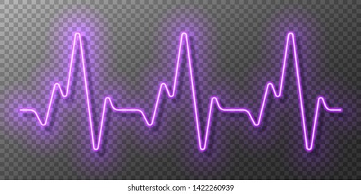 Neon heartbeat. Neon heart pulse graphic. Heartbeats cardiogram. EKG heart line. Vector illustration