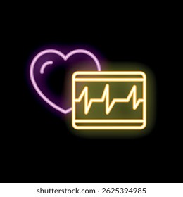 Neon heartbeat showing healthcare and cardiology concept with glowing lines forming a heart shape and a cardiogram on black background