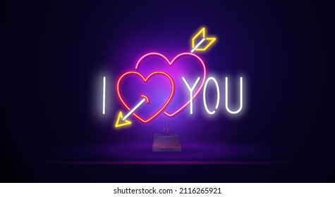 Neon hearts with arrow. Love You neon text, bright signboard, light banner. Valentine's Day logo neon, emblem. Vector illustration