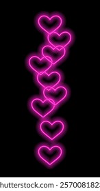 Neon hearts fly up bright pink dark vertical background vector illustration.