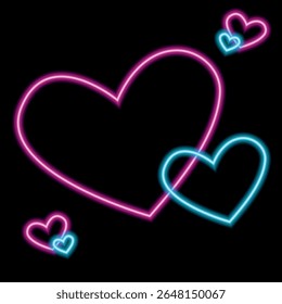 Neon hearts with glow effect on a dark background. Vector drawing in the style of neon signs. Bright glowing symbols of love. Pink and blue hearts.