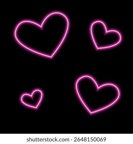 Neon hearts with glow effect on a dark background. Vector drawing in the style of neon signs. Bright glowing symbols of love. Pink hearts.