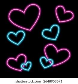 Neon hearts with glow effect on a dark background. Vector drawing in the style of neon signs. Bright glowing symbols of love. Pink and blue hearts.