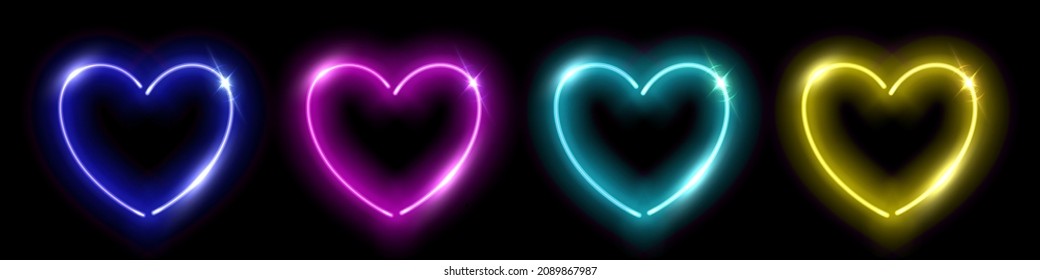 Neon hearts, love symbol of Valentines day vector illustration set. Glowing objects from led wires, frames with bright blue purple yellow green lines for nightclub isolated on black background