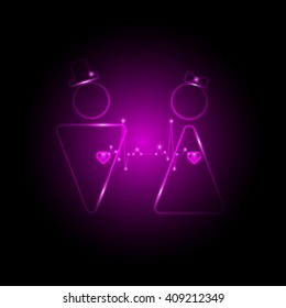 Neon hearts loving couple, between them slips cardiogram