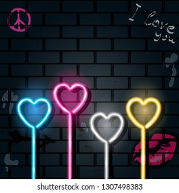 Neon hearts on the background of a brick wall with graffiti. Template for Valentines day banner. Vector 10 EPS illustration.