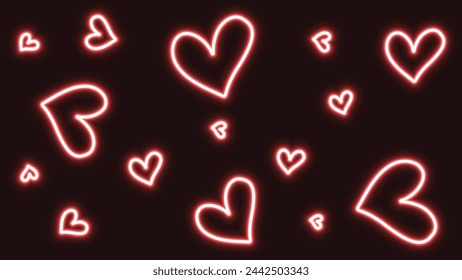 Patrón de corazones de neón. Dibujado a mano. Ilustración vectorial. Concepto de San Valentín. Impresión digital. Patrón sin fisuras de San Valentín con corazones rojos y blancos, símbolos de amor. Color rojo neón. Para anuncios de fiestas.