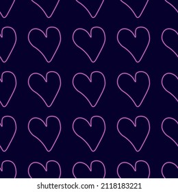 Neon hearts pattern. Valentine's day pattern. Red hearts on dark background