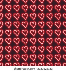 Patrón de corazones de neón. Patrón de San Valentín. Corazones rojos sobre fondo oscuro