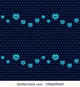 
Neon hearts. Seamless horizontal border. Repeating vector pattern. Isolated background. Valentines Day. Endless ornament of glowing hearts. Place for text. Idea for web design, banner, invitation.