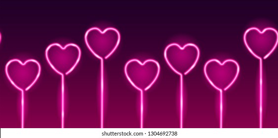Neon hearts seamless pattern on dark purple background. Valentines day romantic concept. Vector 10 EPS illustration.