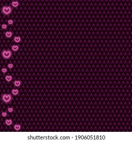 Neon hearts. Seamless vertical border. Repeating vector pattern. Isolated background. Valentines Day. Endless ornament of glowing hearts. Place for text. Idea for web design, banner, invitation.