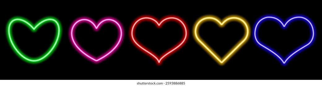 Neon hearts set icons. Vector realistic illustration of love symbols glowing in darkness, nightclub, casino, disco club decoration, shiny saint valentine day sign