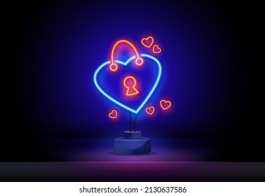 neon heart-shaped padlock icon. Glowing neon gift sign with heart, present in vivid colors. birthday present, freebie surprise, top donation. Icon set, sign, symbol for UI. Vector illustration
