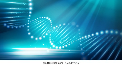 Neon helix structure design with glowing light on blue background