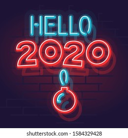 Neon hello 2020 lettering centered image with christmas ball. New year square post graphic. Glowing text on dark brick wall background.