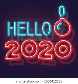 Neon hello 2020 typography with christmas ball. New year square post graphic for social network, print, postcard. Glowing text on dark brick wall background.