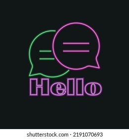 Neon Hello speech bubble. Chatting box with violet and green neon outline and Hello message on black background. Vector illustration.