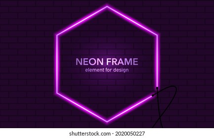 Neon-Hexagon-sauberer Rahmen auf Backsteinwand-Hintergrund. Rosa. Vektorgrafik
